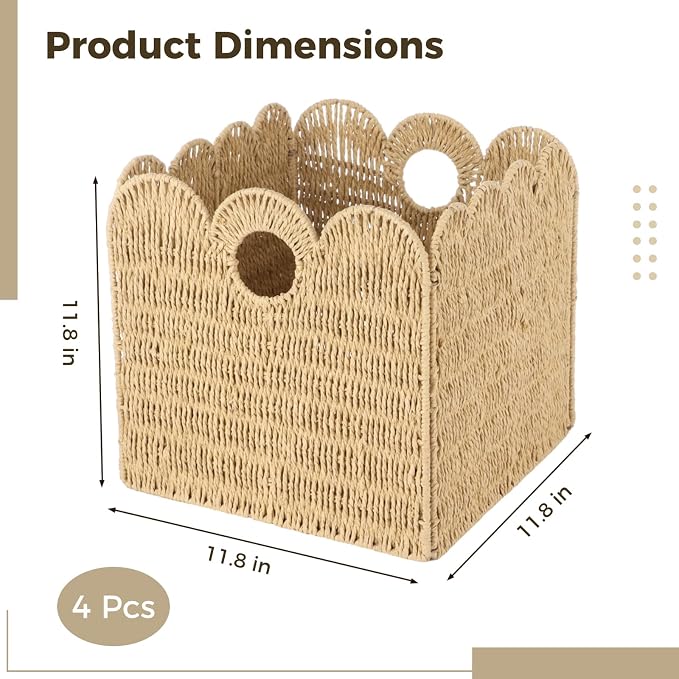 4 Pcs 12x12 Scalloped Wicker Storage Cubes - Woven Paper Rope Storage Baskets, Foldable Square Bins with Handles, Collapsible Containers for Shelves, Closets, 11.8×11.8×11.8" - Image 5