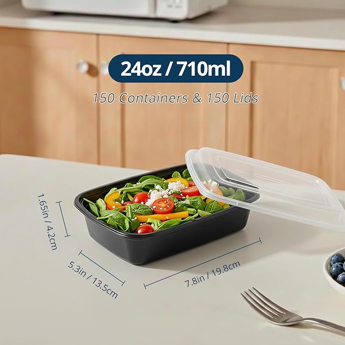 TIYA Food Containers - 24 oz Bulk 150 Pack with Lids - Rectangular Plastic To-Go Containers - Reusable, Microwavable, Dishwasher Safe - Leak-Proof for Meal Prep - BPA-Free - Image 2