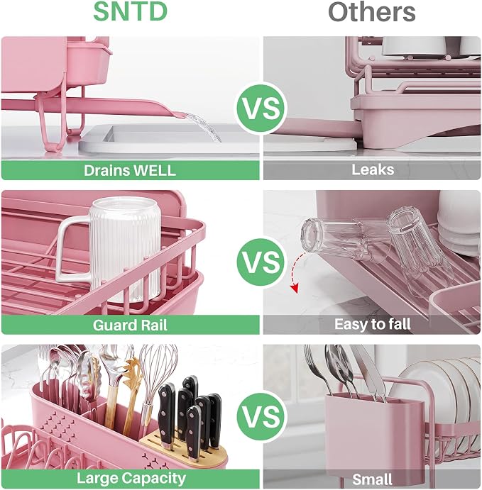 SNTD Large Dish Drying Rack for Kitchen Counter, Expandable, Pink | Stainless Steel Dish Drainer, Adjustable Length 18.9''-29.3'', Automatic Drainage, 360° Spout, Cutlery Holder with Knife Slot - Image 6