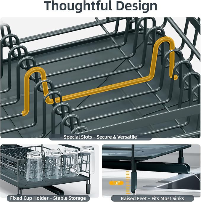 Urackify Extendable Dish Rack, 18.5"-26.7" L x 12.7" W, Dark Slate Gray | Multifunctional large dish rack with cup holder and built-in cutlery holder for versatile drying needs - Image 3