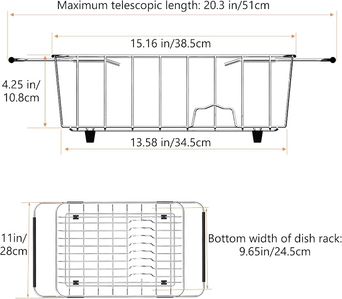 NiuYichee Stainless Steel Dish Drying Rack(15"L X 11"W X 4.1"H), Expandable Fruit & Vegetable Drain Rack over Sink, Dish Drainer Rack in Sink, with Stainless Steel Utensil Holder & Silicone Mat(16") - Image 2