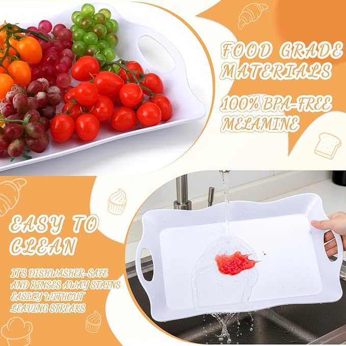 6 Pcs Large Melamine Serving Tray with Handles 17 x 12 Inch Rectangular Wave Melamine Serving Platters for Food, Eating, Turkey, Snack, Fruit, Desserts, Party, Dishwasher Safe - Image 4