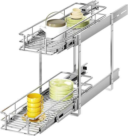 2 Tier Individual Pull Out Cabinet Organizer 9" W x 21½" D, Heavy Duty Cabinet Pull Out Shelves, Slide Out Drawers Organization for Kitchen Cabinets Bathroom by Unknown