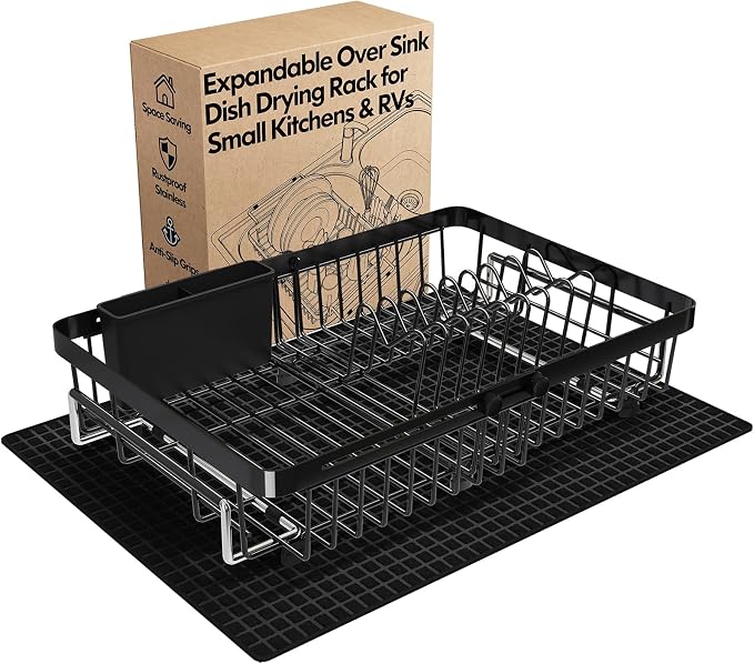 Dish Drying Rack Over The Sink with Utensil Holder, Mat | Expandable Stainless Steel Dish Drainer for Small Kitchen, Apartment, RV, Counter Space Saving, Perfect Fit, Rustproof by MAJALiS