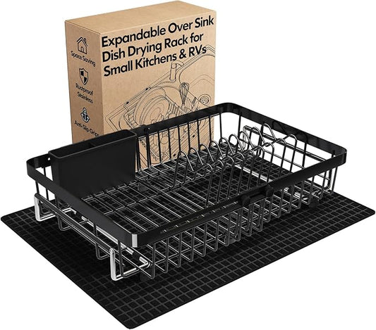 Dish Drying Rack Over The Sink with Utensil Holder, Mat | Expandable Stainless Steel Dish Drainer for Small Kitchen, Apartment, RV, Counter Space Saving, Perfect Fit, Rustproof by MAJALiS