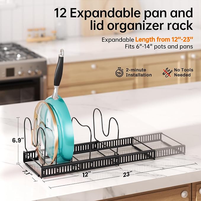 MUDEELA Expandable Pot Pan Lid Organizers inside Cabinet, 12 Divider-Black | Expandable 11.8–22.9", 12 Adjustable Divider, Tool-Free Assembly, Non-Slip, Scratch-Proof, For Pan Lid Cutting Board Bakeware - Image 2
