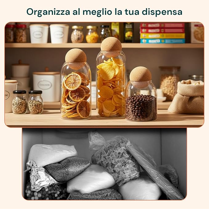 Glass Containers with Cork Lids Set of 3 500/800/1000 ml for Pasta, Coffee and Spices, Daily Use in the Kitchen, Elegant Design and Natural Airtight Closure - Image 5