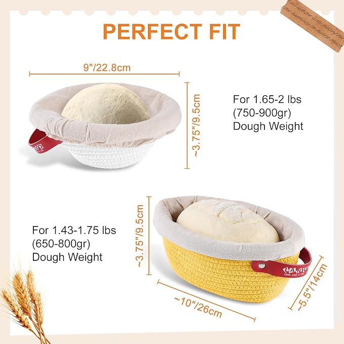 Banneton Bread Proofing Basket Set Made with Cotton Rope,Sourdough Starter Kit with Liners&Covers,bread basket for Artisan Baking, Round&Ova Sourdough Bread Baking Supplies Gift Set - Image 6