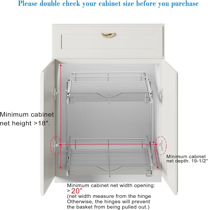 DINDON 2 Tier Pull Out Cabinet Organizer (20" W X 18" D), Double Tier Wire Basket Slide Out Shelf Storage for Kitchen Base Cabinet Organization ​for Kitchen, Pantry, Bathroom, Chrome - Image 4