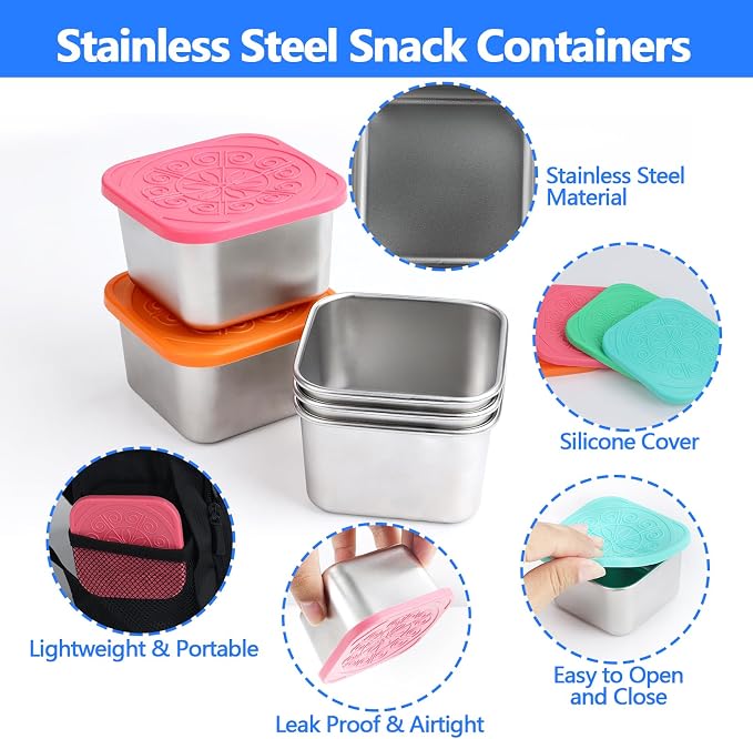 8 Pack 180ml/6oz Stainless Steel Snack Containers with Silicone Lids | 180ml Small Metal Food Storage Boxes for School Daycare Picnic Summer Camp, Reusable BPA-Free Meal Prep Condiment Cups - Image 3