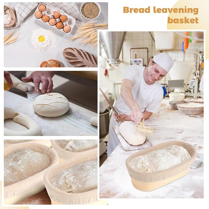 Gejoy 12 Set Bread Proofing Baskets Oval Shaped Banneton Dough Proofing Bowls Kit with Cloth Liner and Plastic Scraper Sourdough Proofing Basket for Home Sourdough Bakers Supplies (10 Inch) - Image 3