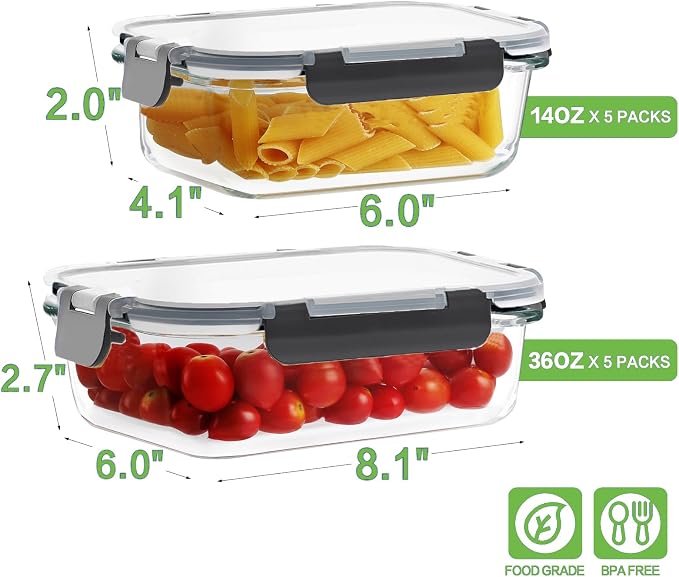HOMBERKING 10-Pack Glass Meal Prep Containers, 36 oz/14 oz, Locking Lid Set | Borosilicate Glass Food Storage Containers Set, Airtight Lunch Bento Boxes, BPA-Free, Dishwasher Freezer, Oven Safe-Black - Image 2