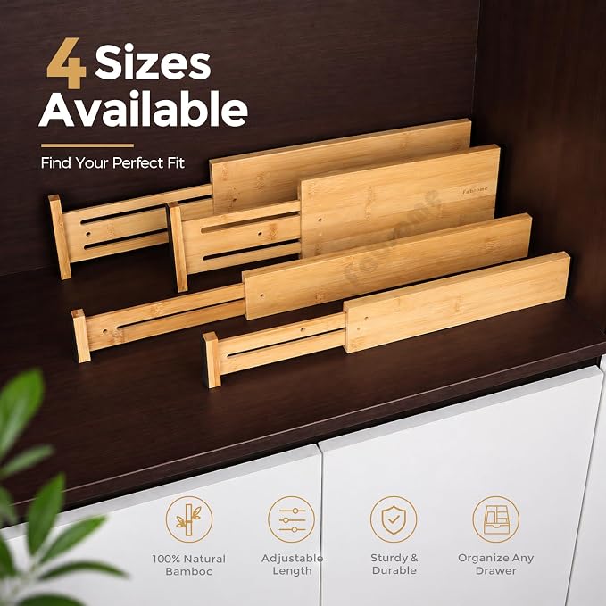 Fabsome Drawer Divider 6 Pack, Bamboo Kitchen Dividers Organizers Adjustable 17''-22'', Wooden Dresser Separators for Nursery Organization Clothes Socks Underwear Baby Clothing, with Soft Foam Ends - Image 8