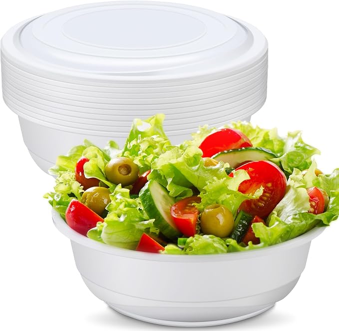 10 Pack 135 oz Large Plastic Serving Bowls with Lids Round Extra Large Disposable Salad Bowls Containers Chip Candy Dish for Salads and Snacks Party Picnic Buffet Eating(White) by Newtay