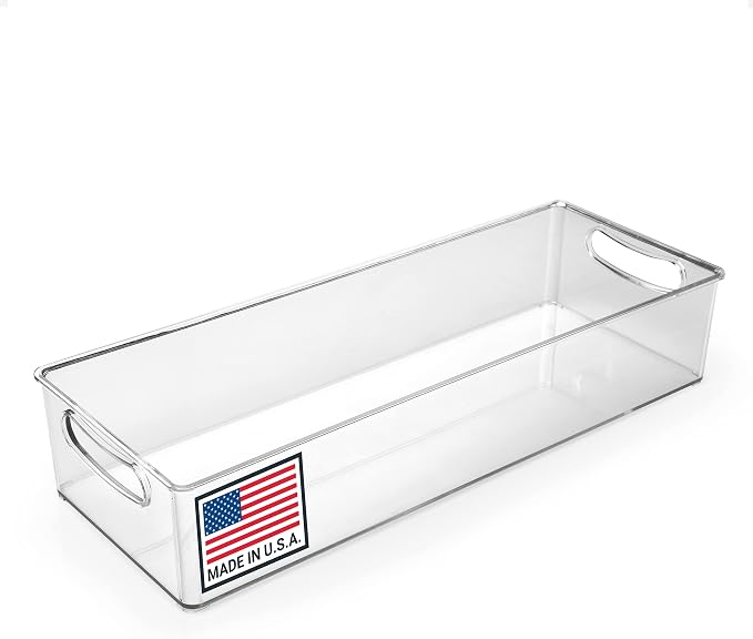 Pikanty Clear Refrigerator Organizer Bin with Handles — 15 Inch Stackable Fridge and Pantry Storage Container for Snacks, Produce, Cans, Yogurt, Condiments, Dishwasher and Freezer Safe, Made in USA by Pikanty