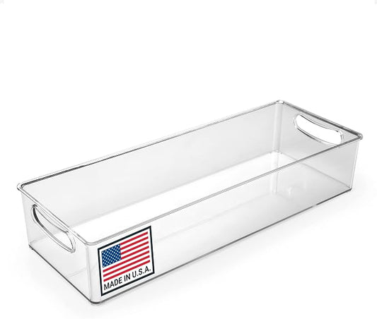 Pikanty Clear Refrigerator Organizer Bin with Handles — 15 Inch Stackable Fridge and Pantry Storage Container for Snacks, Produce, Cans, Yogurt, Condiments, Dishwasher and Freezer Safe, Made in USA by Pikanty