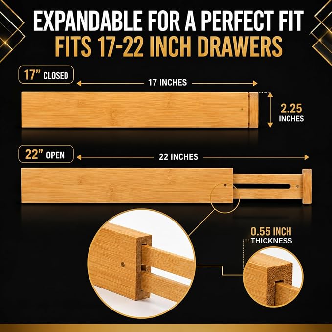 Adjustable Bamboo Drawer Dividers Expandable 8 Pack 17-22 Organizer | Kitchen, Dresser, Closet, Bathroom, Bedroom & Office Storage, Solid Moso Bamboo, Spring-Loaded, 80 Labels - Image 2