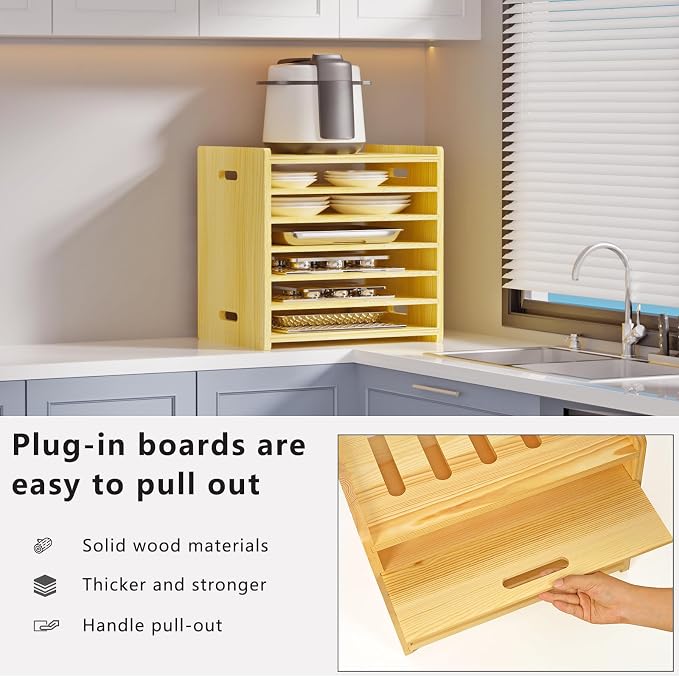 7 Tier Wooden Tray Dividers for Cabinets | Baking Cookie Sheet Organizer, Vertical/Horizontal Cabinet Dividers for Pots, Cutting Board, Kitchen Organizers and Storage - Image 5