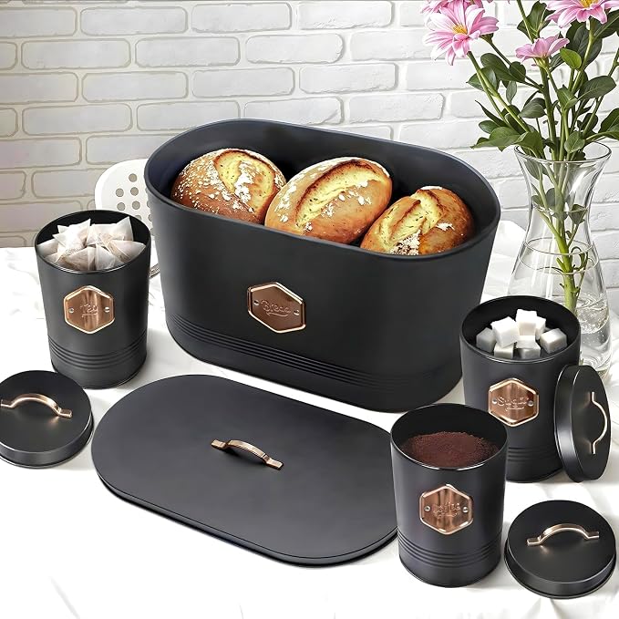 Plexon Bread Box for Kitchen Countertop with 3 Coffee, Tea, Sugar Canisters, Metal 4-Piece Bread Box Set with Lids and Cooper Labels, Black, BBCP4STBK - Image 4