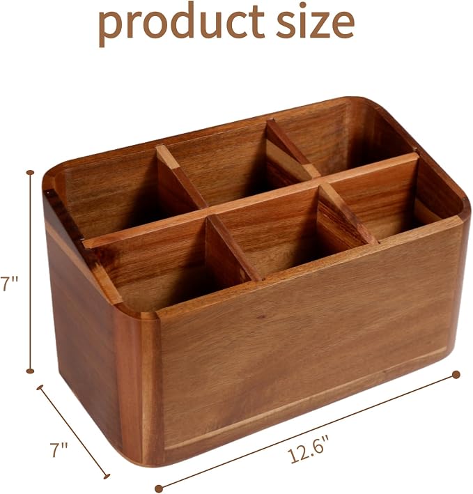 Wooden Kitchen Utensil Holder Organizer for Counter or Countertop, Large Wooden Utensil Holder for Storage Cooking and Silverware with 6 Compartment, Acacia Rustic Wood Container Extra Large - Image 2