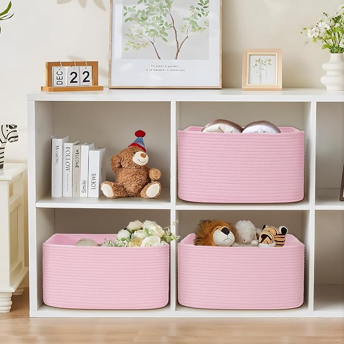 3 Pack Large Storage Basket for Organizing, 17.5"x13"x7" Woven Basket for Shelves, Closet Cube Storage Bins with Wrapped Handle, Cotton Rope Baskets for Kitchen, Clothes, Toys(Light Pink) - Image 2