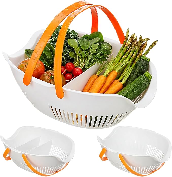 Nuogo 3 Pcs Garden Harvest Basket, Removable Partitions with Tool Caddy for Collecting, Carrying, and Cleaning Harvesting Basket Doubles Colander for Vegetables and Fruits Garden Accessories(White) by Nuogo