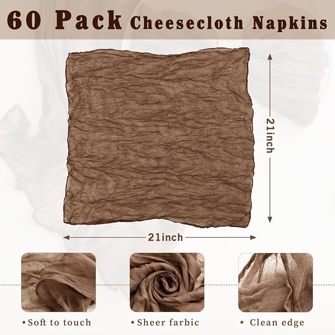 Brown 60 Pack Cheesecloth Napkins Washable 21x21 Inches Brown Cloth Napkins Set of 60 Dinner Table Napkins for Wedding Summer Bridal Baby Shower Rustic Boho Cotton Gauze Party Table Decor - Image 3