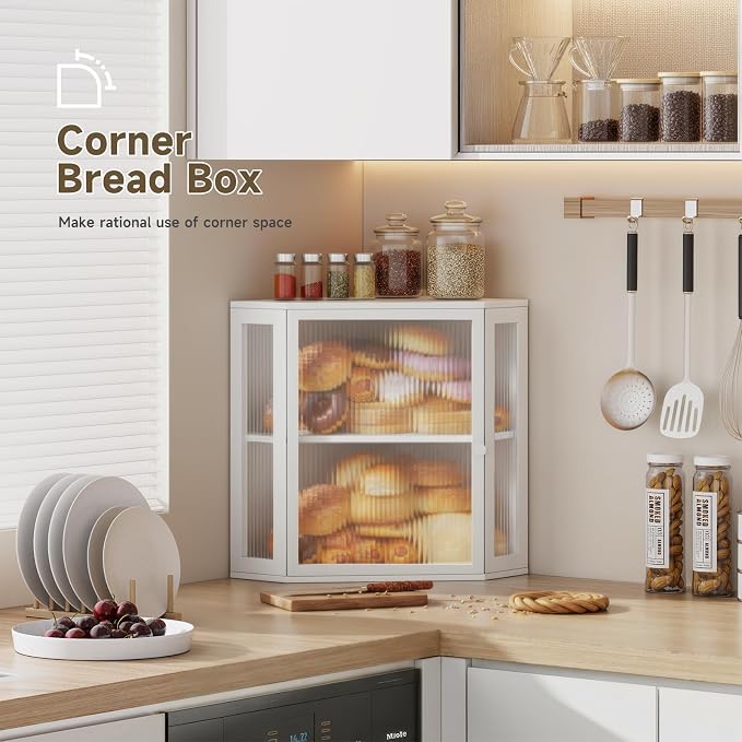 Corner Bread Box for Kitchen Countertop,Bread Storage (White, Extra Large) | Double Layer Large Capacity Bamboo Bread Container Bin with Acrylic Door,Height Adjustable - Image 3
