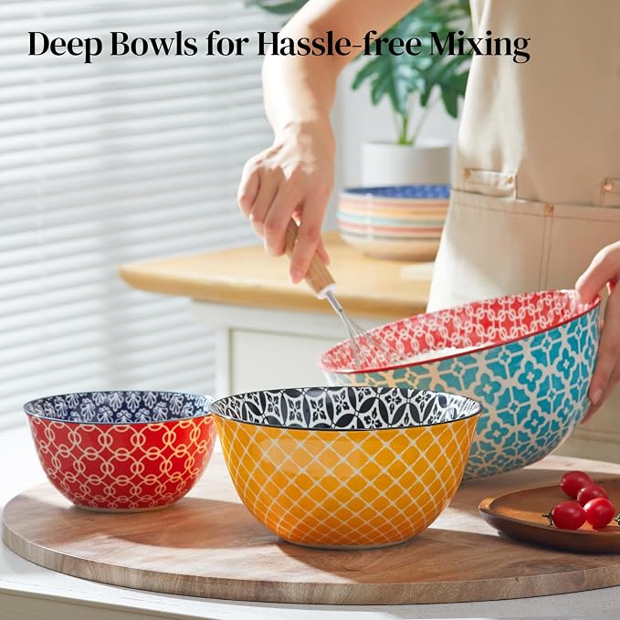 DOWAN Mixing Bowls, Ceramic Mixing Bowls for Kitchen, Colorful Vibrant Nesting Bowls for Cooking, Baking, Prepping, Serving, Salad, Housewarming Gift, Microwave Dishwasher Safe, 3.7/2/1 Qt, Set of 3 - Image 3
