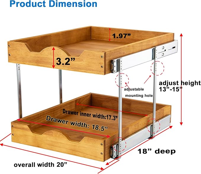 DINDON 2 Tier Pull Out Cabinet Organizer (20" W x 18" D) Double Tier Slide Out Wood Drawer Under Cabinet Storage And Organization… - Image 2