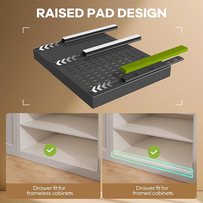 Seinloes 4 Pack Pull out Cabinet Organizer 21" Deep With Raising Pad for Framed Cabinets,Expandable (15.2"-26.3"W) Slide out Drawers for Kitchen Cabinets with 4pcs Divider Racks,Roll out Shelves,Black - Image 2