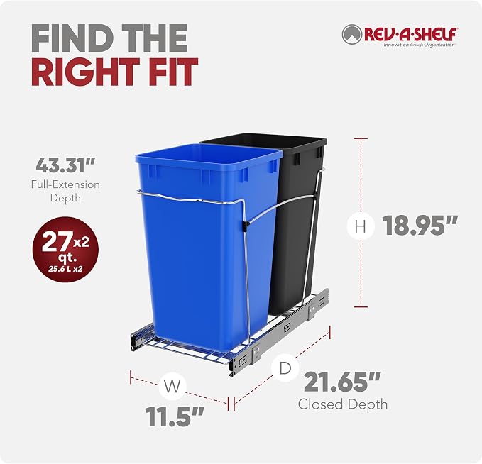 Rev-A-Shelf Pullout Trash Can for Kitchen Cabinets, Blue/Black Bin, 27 Qt | Large Capacity Garbage Recycling Waste Container, Heavy Gauge Metal Wire Construction, Full Extension Slides, RV-15KD-2218C-S - Image 3
