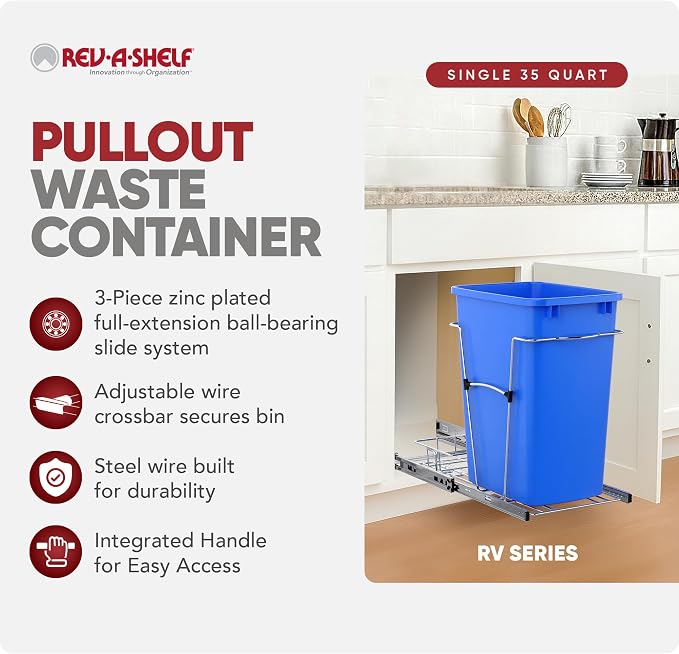 Rev-A-Shelf Pullout Trash Can for Under Kitchen Cabinets 35 Qt Garbage Waste Recyling Bin with Full Extension Slides, Blue, RV-12KD-22C-S - Image 2
