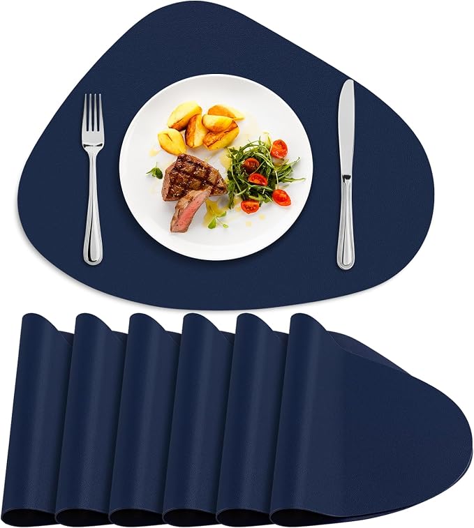 Faux Leather Placemats Set of 6, Wipeable & Washable Table Mats | Waterproof, Heat-Resistant & Easy to Clean Round Place Mats for Dining & Kitchen, 17''x13'', Blue by Delicateandelegantplacemats