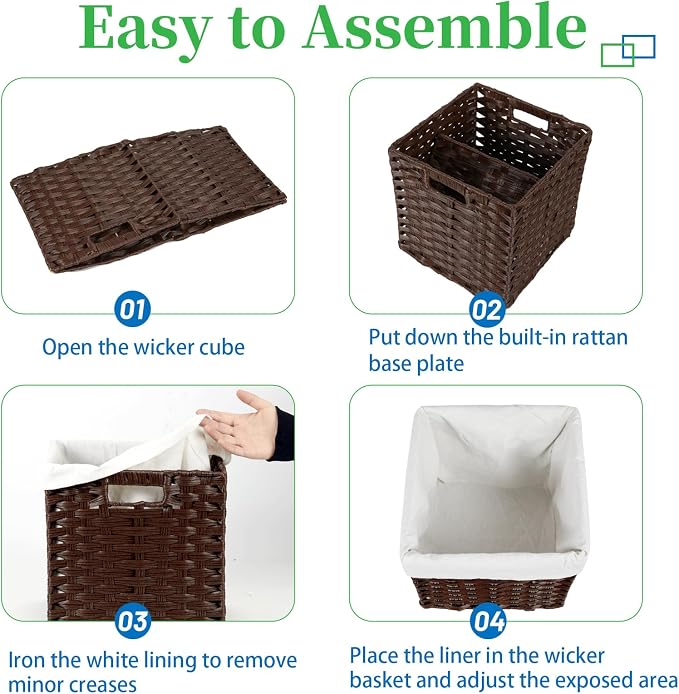 Bidtakay Wicker Cube Storage Bins with Liners 11x11 inch Woven Baskets for Organizing 4-Pack Waterproof Imitation Rattan Woven Cube Organizer with Handles for Pantry-Reddish Brown - Image 8