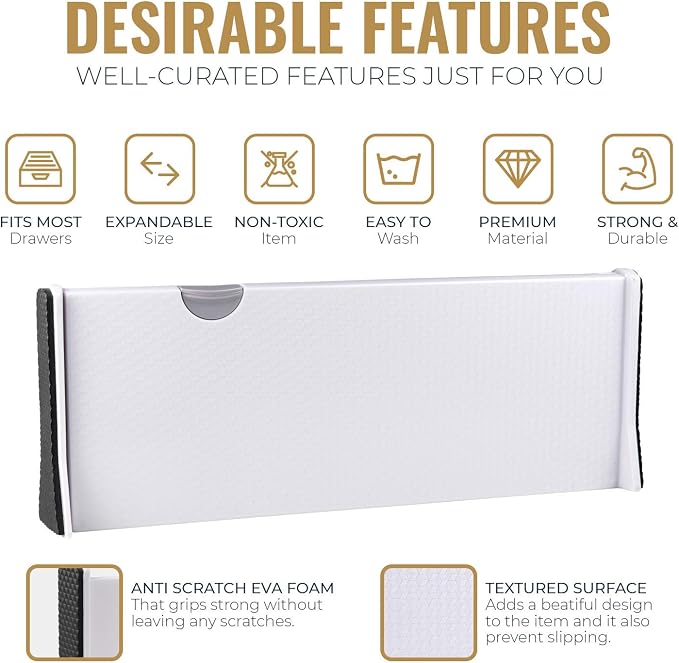 RAPTUROUS Adjustable Deep Drawer Divider – 5" Tall, Expandable 13-22", 5-Pack, Non-Slip Drawer Dividers for Clothes, Dresser, Kitchen & Office Organization (White) - Image 3