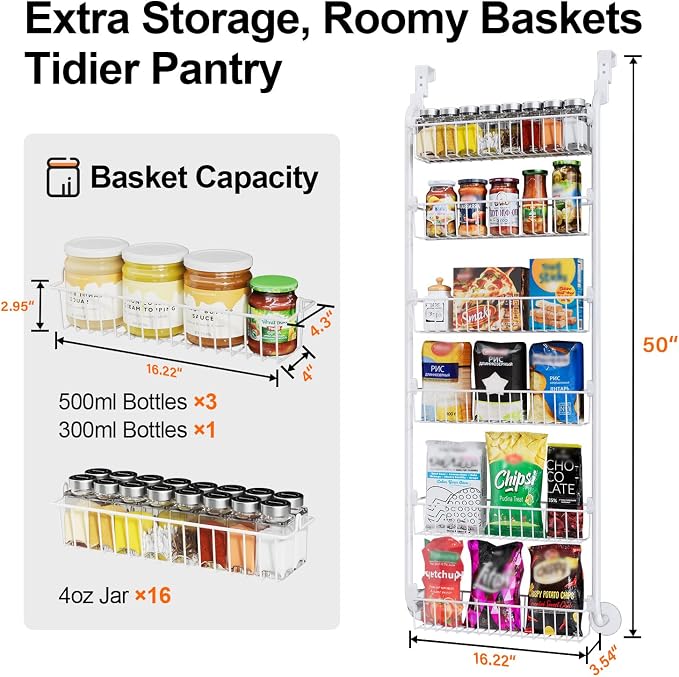 Delamu Over the Door Pantry Organizer, 6-Tier Pantry Organizers and Storage, Metal Cabinet Door Organizer, Hanging Spice Rack Shelves for Home & Kitchen, D5 x W18 x H50 inch, White - Image 4