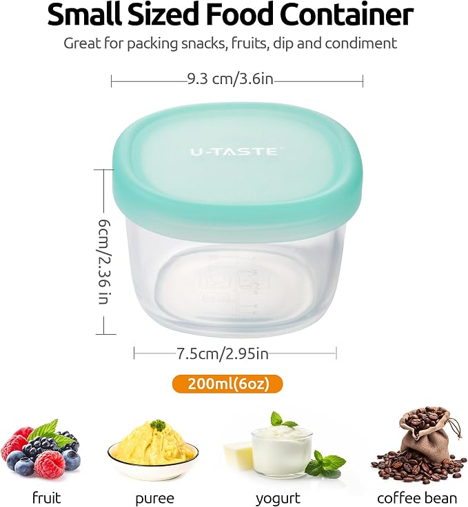 U-Taste Silicone Container with Lids, Small Mini Food Storage, 6oz * 2 | Food Grade Liquid Silicone, Leak-Proof Airtight Lids, Freezer & Microwave Safe, Mini Sauce Tupperware with Clear Measurements - Image 2