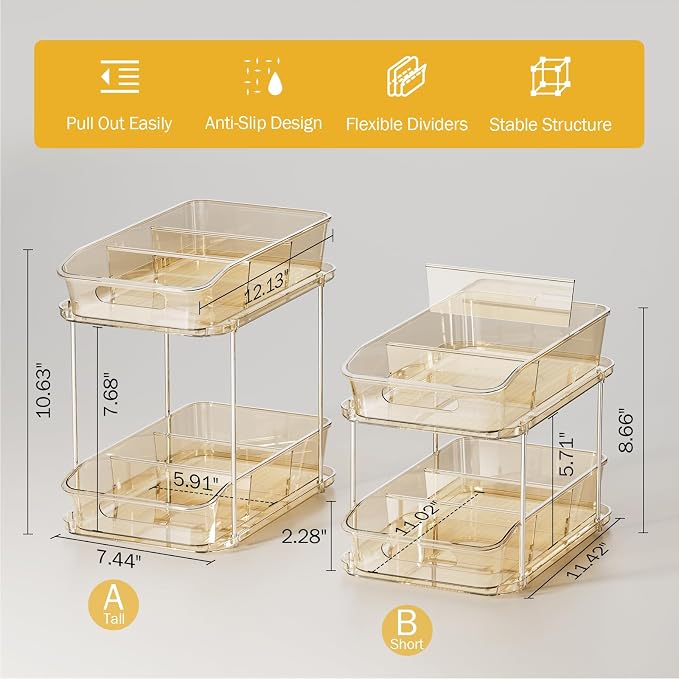 Delamu 2-Tier Under Sink Organizers and Storage, Multi-Purpose Stackable Bathroom Cabinet organizers, Pull Out Kitchen Pantry Organization and Storage with Dividers(2 Pack, Amber) - Image 5