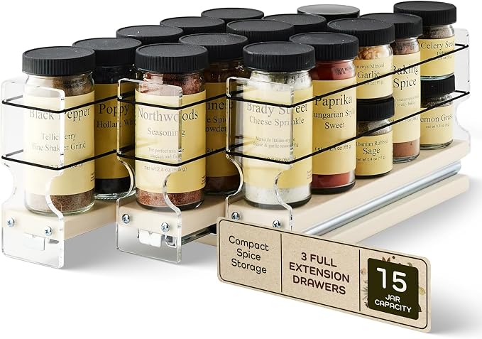 Cabinet Mounted Spice Rack Drawer - Pull Out Cabinet Organizer - Cupboard Organizers & Storage - Pantry Shelves - 15 Regular Jars, 3 Drawers (6.9" W x 5.0" H x 10.6" D, Cream) by VerticalSpice