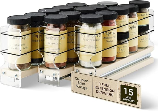 Cabinet Mounted Spice Rack Drawer - Pull Out Cabinet Organizer - Cupboard Organizers & Storage - Pantry Shelves - 15 Regular Jars, 3 Drawers (6.9" W x 5.0" H x 10.6" D, Cream) by VerticalSpice