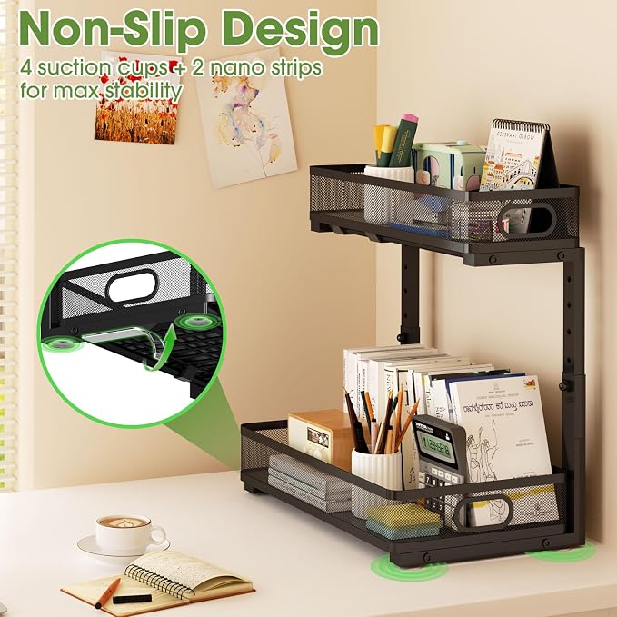 Under Sink Organizer 4-Pack, Metal 2-Tier Pull-Out Cabinet Shelf with Slide-Out Mesh Drawers, Height Adjustable, Space-Saving Storage Racks for Kitchen, Bathroom, Laundry Room - Image 8