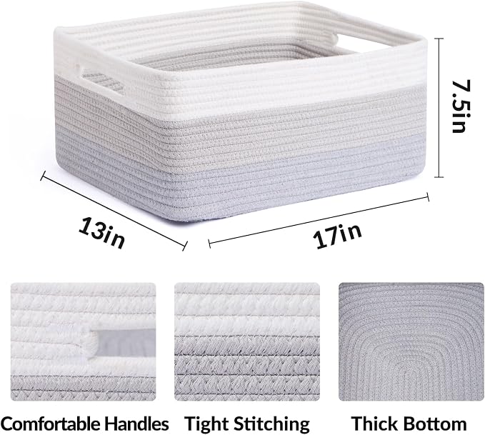 MiniArk Large Storage Baskets for Shelves, 17 x 13 x 7.5” Closet Organizers Bins for Clothes Blanket Towels, Baby Nursery, Toy Baskets Box, Woven Rope Baskets, 3 Packs Gradient Grey - Image 2