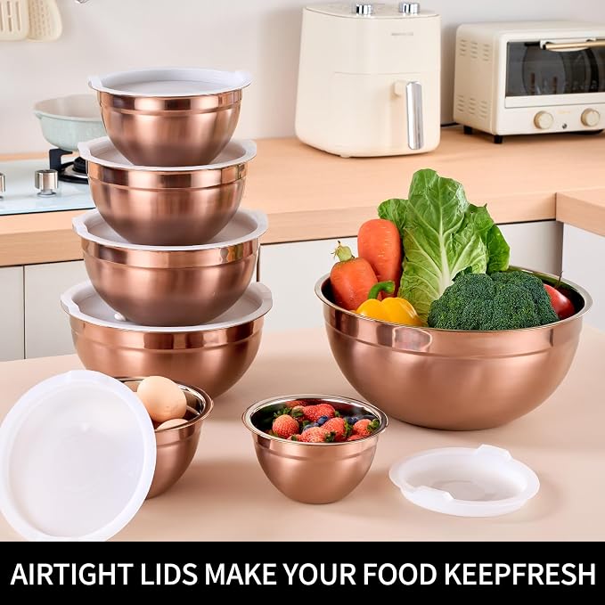 Rose Gold Mixing Bowls with Lids Set of 7, Stainless Steel Nesting Bowl with Khaki Lid for Non-slip Mixing Prepping Storing Serving, 7 Sizes-7/3.6/2.7/2.1/1.5/1/0.8 QT - Image 5
