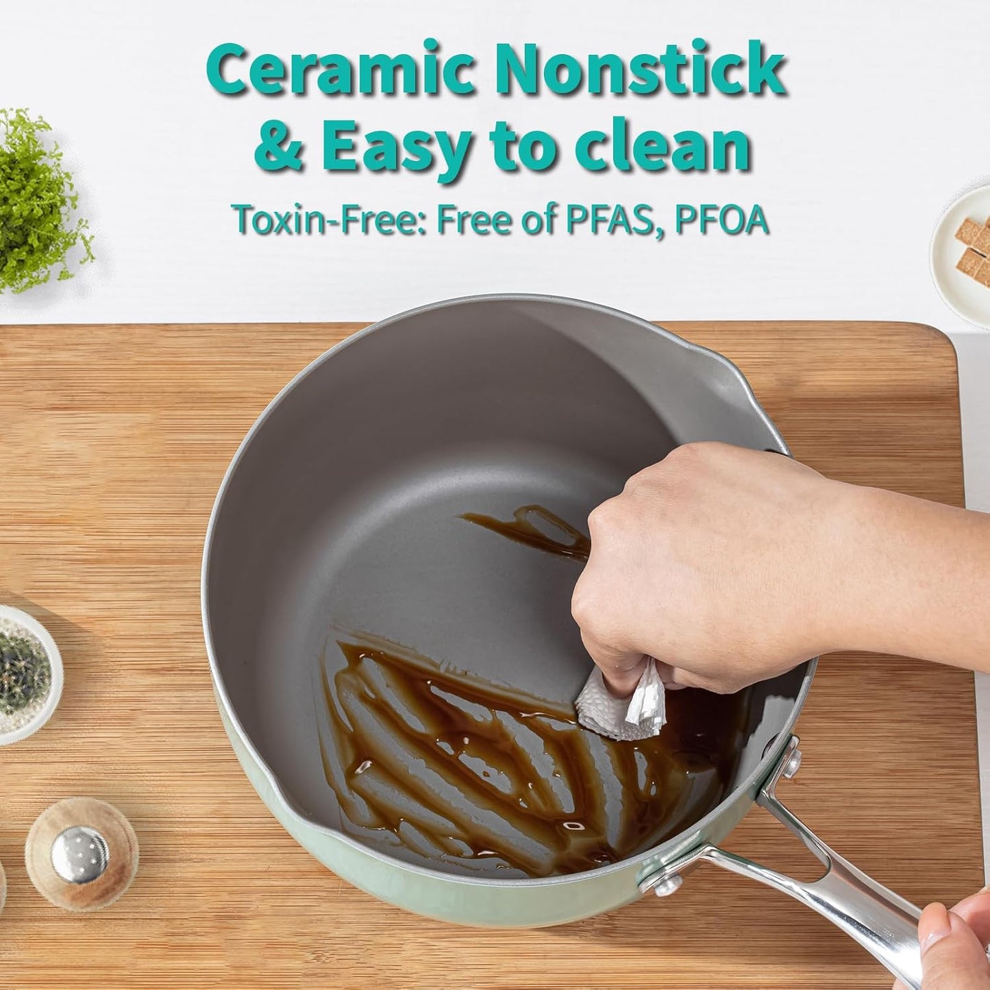 Ceramic Nonstick Tri-Ply Stainless Steel Sauce Pan with Steamer,2.5 Quart Small Multipurpose Pot with Pour Spout,Strainer Glass Lid, 2qt Saucepan for Cooking with Stay-cool Handle,Green