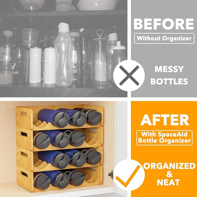 SpaceAid Bamboo Water Bottle Organizer with Labels, Kitchen Pantry Water Bottle Storage Rack for Cabinets, Home Cup and Wine Bottle Holder Shelf Organizers, 4 Pack 4-Slot, Hold 16 Bottles - Image 2