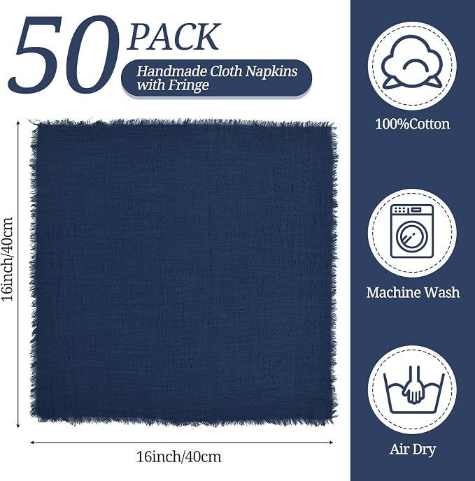 50 Pack Navy Blue Cloth Napkins, 16 x 16 Inch Cotton with Fringe Settings | Handmade washable reusable cotton dinner napkins in bulk for weddings, parties, rustic boho table settings - Image 2