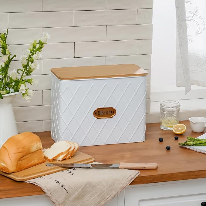 Extra Large Rhombus Pattern Embossed Bread Box with Bamboo Lid | Corner Breadbox for Homemade Bread, White Metal Bread Storage Container Bin for Kitchen Countertop, Fits 2 Loaves of Bread - Image 3