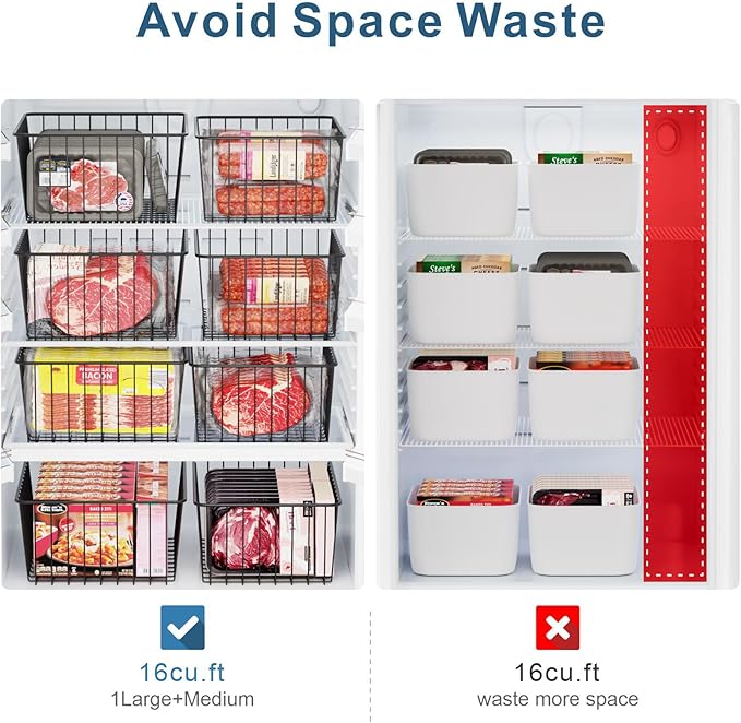 Freezer Organizer Bins - For 16 Cu Ft Upright Freezer, 6 Pack Black | Wire Baskets 3 Large & 3 Medium Sizes, Slide-Out for Easy Access, Prevent Food Falling Out, Keep Stand-Up Freezer Organized - Image 4