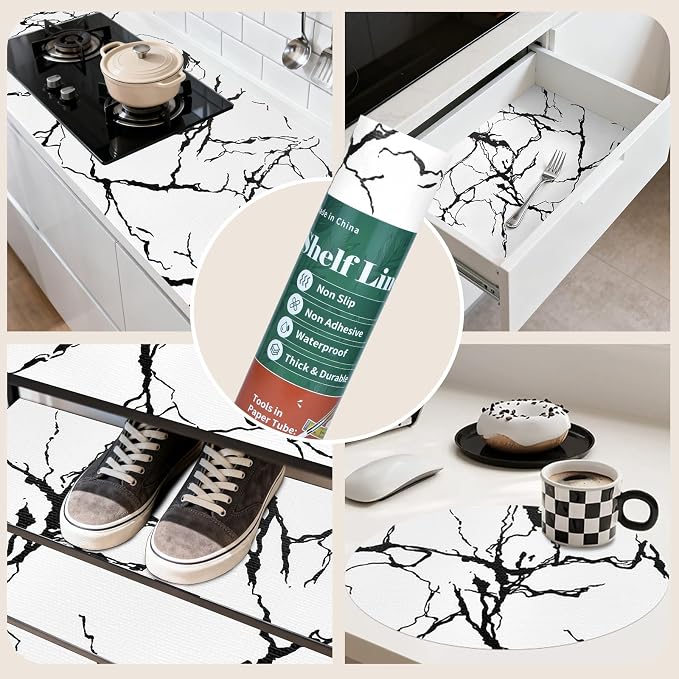 2-Layer Drawer and Shelf Liner for Kitchen Cabinet: 17 in X 30 Ft Non Slip | Waterproof Shelf Paper Non Adhesive Refrigerator Liners White/Black Marble Easy Liners for Bathroom with Knife Tape Measure - Image 9